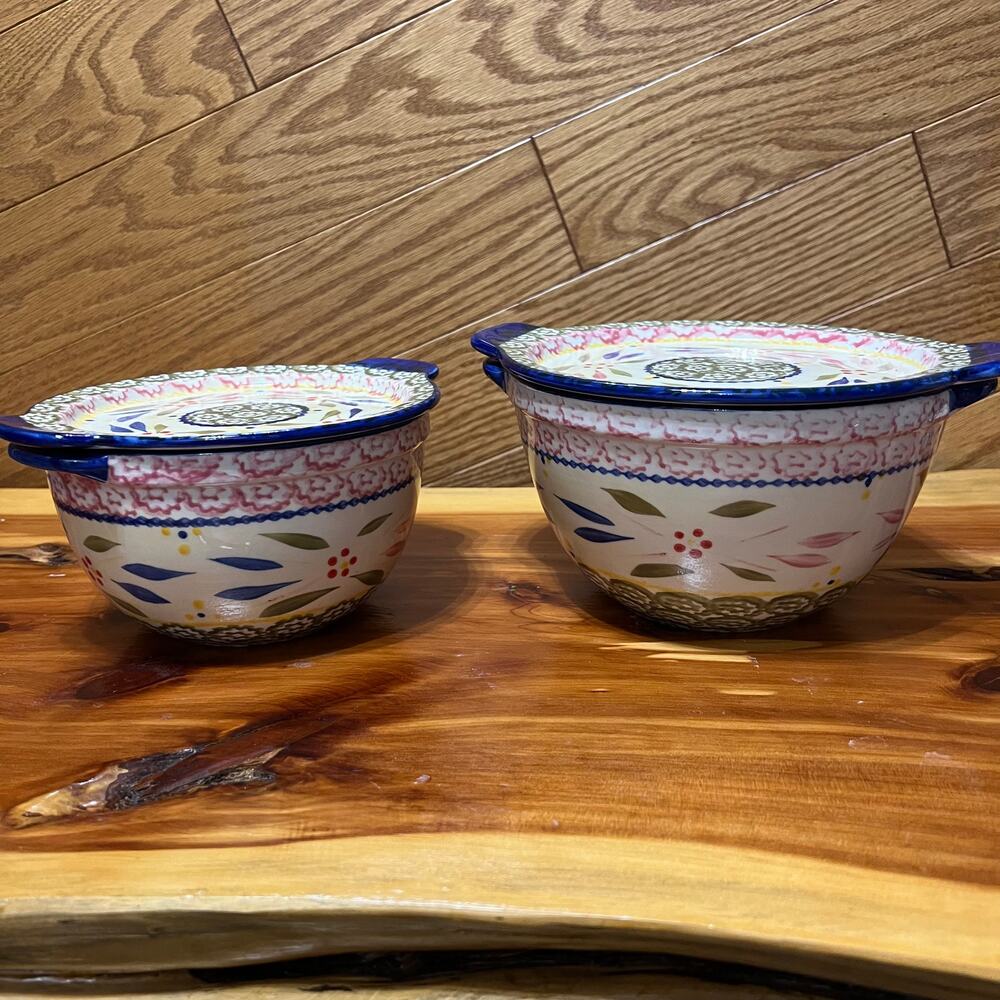 Temp-tations Old World Ceramic Bakeware Nesting Bowls W Lids 1 & 1.5 QT Set - Picture 8 of 9